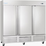 A large, commercial stainless steel refrigerator with three solid doors, mounted on four black caster wheels. This Reach-In Refrigerator features a vented lower panel, an Empura brand label on the top left, and a reflective, industrial surface.