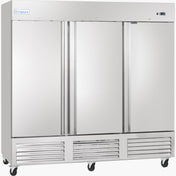 A large, commercial stainless steel refrigerator with three solid doors, mounted on four black caster wheels. This Reach-In Refrigerator features a vented lower panel, an Empura brand label on the top left, and a reflective, industrial surface.