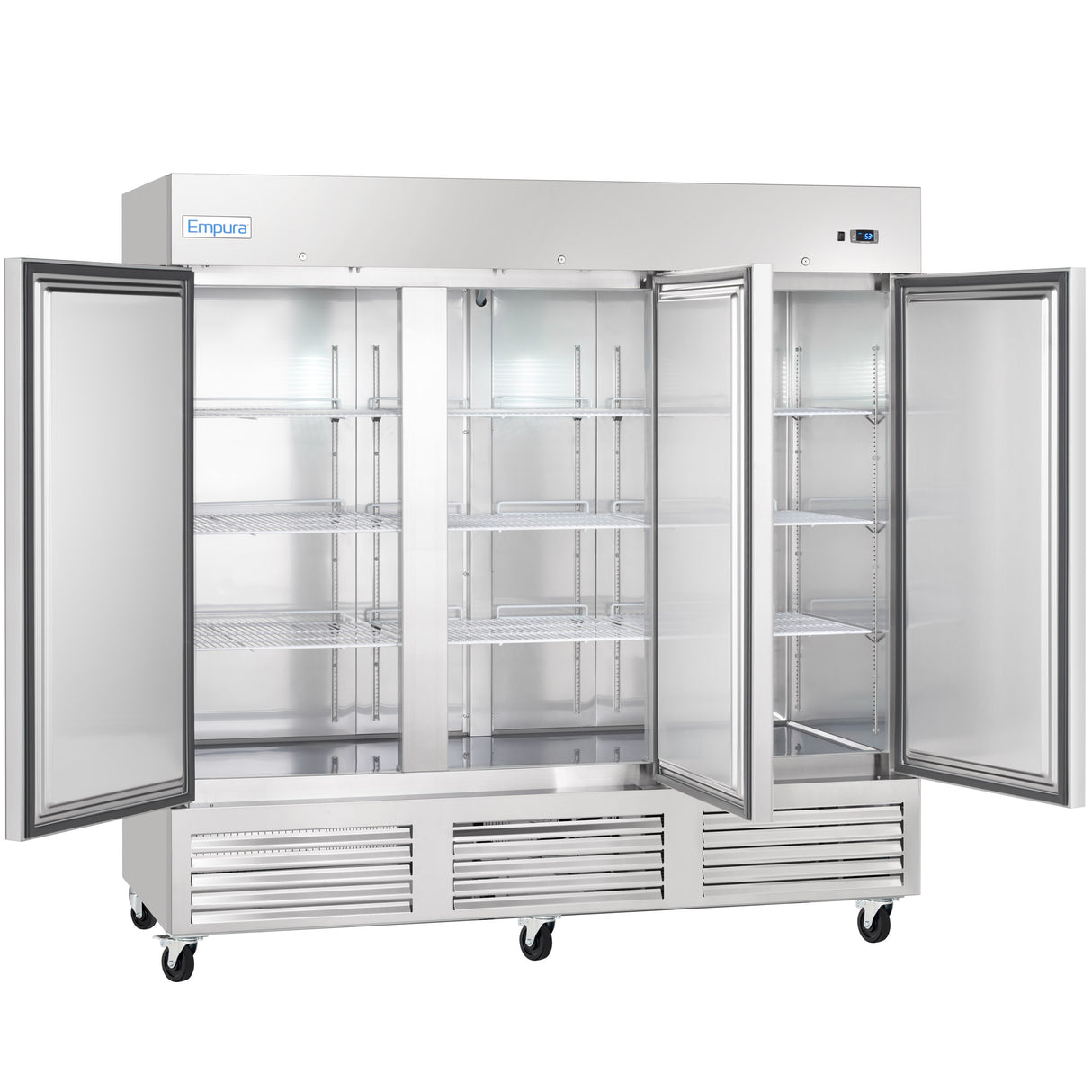 A large stainless steel commercial refrigerator with three vertical glass doors, all open to reveal empty wire shelves inside. This Reach-In Refrigerator is on wheels and features vents, handles at the bottom, and an Empura label on the top left.