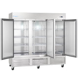 A large stainless steel commercial refrigerator with three vertical glass doors, all open to reveal empty wire shelves inside. This Reach-In Refrigerator is on wheels and features vents, handles at the bottom, and an Empura label on the top left.