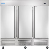 A large, sleek Empura commercial refrigerator with three doors, bottom vent panels, digital display, and wheels for mobility. This stainless steel reach-in refrigerator is designed for professional kitchens seeking durability and performance.