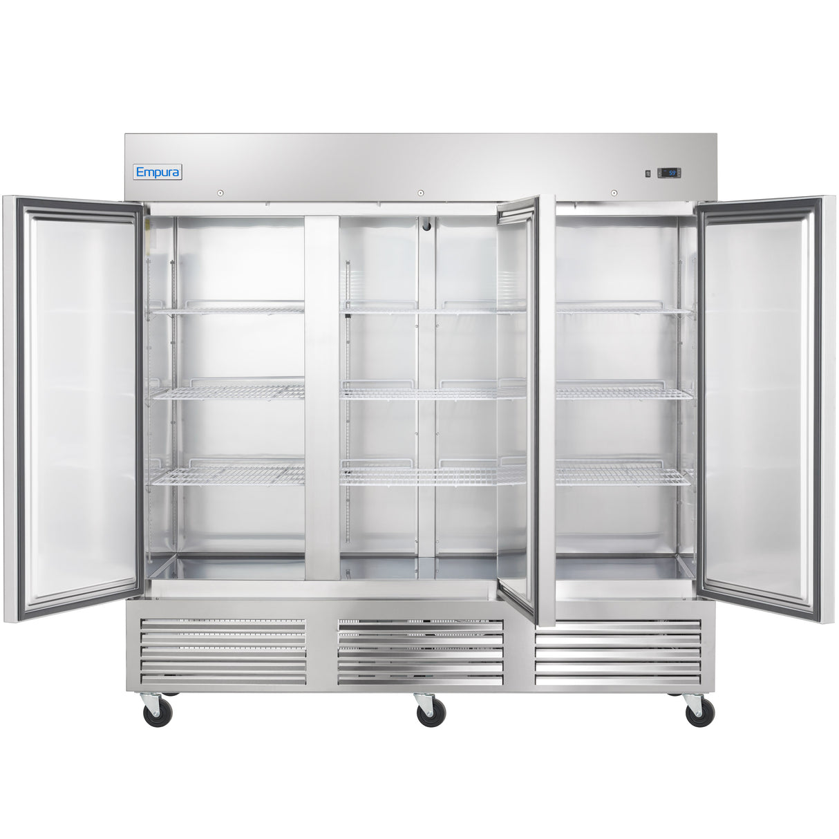 A large commercial stainless steel Reach-In Refrigerator with three glass doors open, revealing empty wire shelves inside. The unit is on wheels and has vented panels and an Empura brand label on the top left corner.