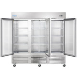 A large commercial stainless steel Reach-In Refrigerator with three glass doors open, revealing empty wire shelves inside. The unit is on wheels and has vented panels and an Empura brand label on the top left corner.
