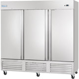 A large, stainless steel commercial three-door Reach-In Refrigerator with vertical handles, ventilation grilles at the bottom, caster wheels, a small digital display on the upper right, and a blue “Empura” logo on the upper left corner.