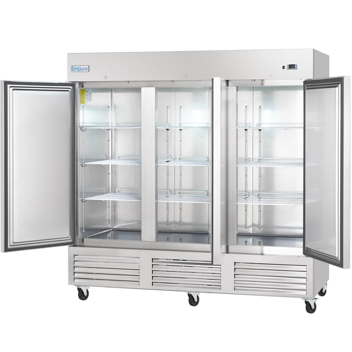 A large commercial stainless steel Reach-In Refrigerator with three open glass doors displays empty wire shelves inside. The unit, on wheels for mobility, features vented panels at the bottom and a digital display on the top right corner.