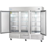 A large commercial stainless steel Reach-In Refrigerator with three open glass doors displays empty wire shelves inside. The unit, on wheels for mobility, features vented panels at the bottom and a digital display on the top right corner.