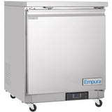 The Empura Refrigerator is a commercial stainless steel undercounter reach-in refrigerator on wheels with a single solid door, 5.4 cu. ft. capacity, digital temperature display at the bottom, left-side ventilation panel, and top-mounted handle.