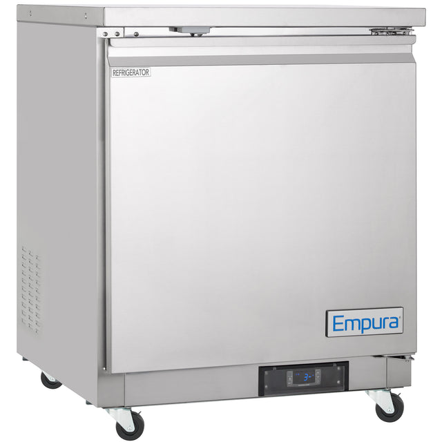 The Empura Refrigerator is a commercial stainless steel undercounter reach-in refrigerator on wheels with a single solid door, 5.4 cu. ft. capacity, digital temperature display at the bottom, left-side ventilation panel, and top-mounted handle.