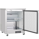 A commercial white freezer with an open door revealing a metal shelf, reflective interior surfaces, and a digital control panel at the bottom. This Empura Refrigerator features 5.4 cu. ft. capacity and sits on four black wheels for easy mobility.