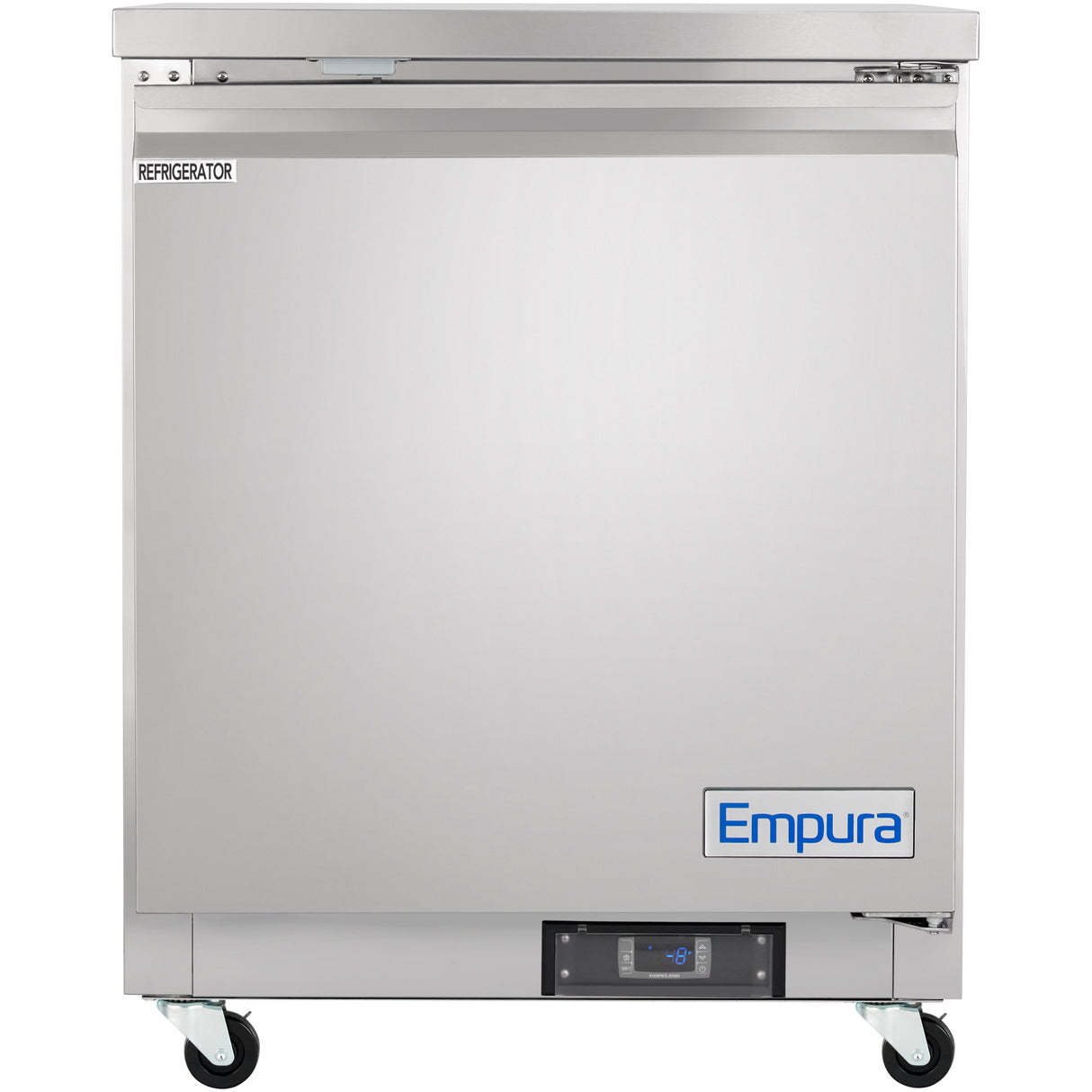 A stainless steel Empura Refrigerator features a flat front door, REFRIGERATOR label, and logo. This undercounter reach-in refrigerator offers 5.4 cu. ft. capacity, wheels for mobility, and a digital control panel near the bottom center.