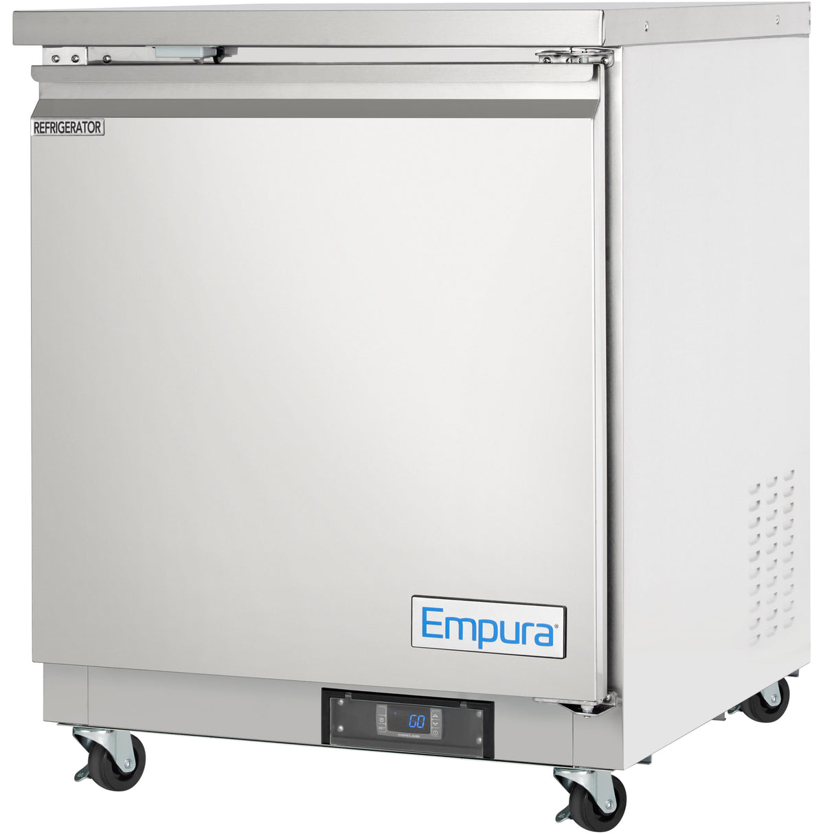 A sleek, industrial Empura Refrigerator with 5.4 cu. ft. capacity, single solid door, digital temperature display at the bottom, ventilation slots on the lower right, and a blue logo—this clean undercounter reach-in refrigerator is set on wheels for easy mobility.