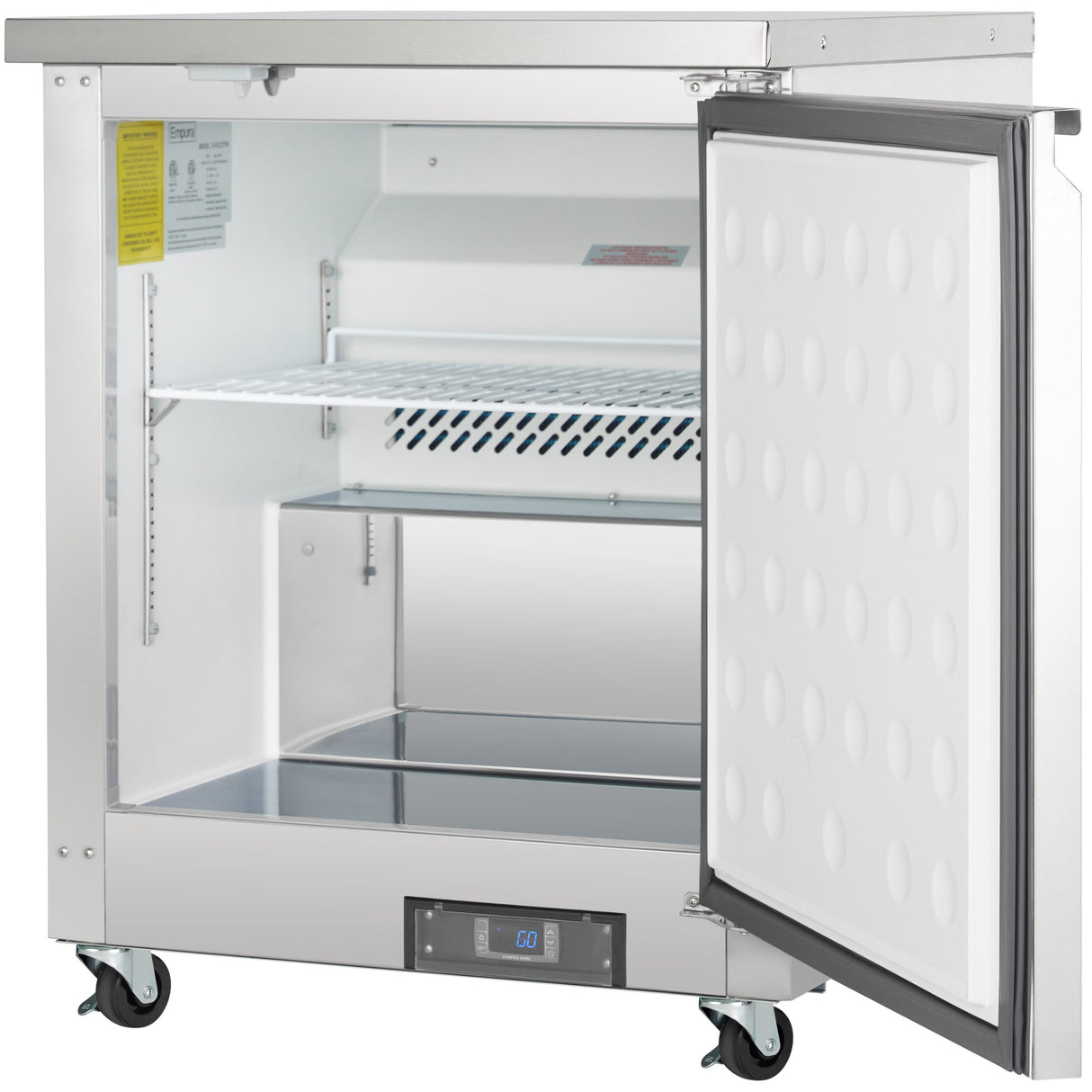 A stainless steel Empura Refrigerator on wheels with its door open, revealing empty shelves and a digital temperature display at the bottom reading 6.0°C. This clean, reflective Undercounter Reach-In Refrigerator offers a 5.4 cu. ft. capacity and white door with circular indents.