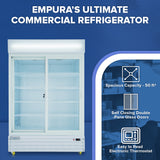 A white commercial refrigerated merchandiser with glass double doors is shown. Text highlights its spacious 50 ft³ capacity, ideal for perishable goods storage, plus self-closing doors and an easy-to-read thermostat. Blue background with white text and icons accents the features.