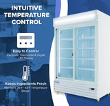 A commercial refrigerated merchandiser with a digital LED display is shown. Text highlights Intuitive Temperature Control, noting its easy-to-control electronic thermostat for keeping perishable goods fresh at 36°F–43°F. Simple blue and white graphics emphasize features.