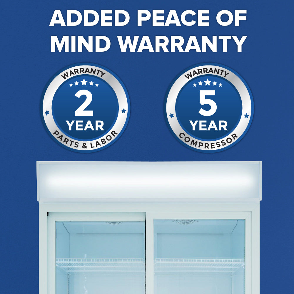 A blue background with bold text reading ADDED PEACE OF MIND WARRANTY. Below are two badges: one says 2 YEAR WARRANTY PARTS & LABOR, the other says 5 YEAR WARRANTY COMPRESSOR. The top of a commercial refrigerated merchandiser is visible at the bottom.
