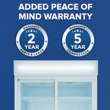 A blue background with bold text reading ADDED PEACE OF MIND WARRANTY. Below are two badges: one says 2 YEAR WARRANTY PARTS & LABOR, the other says 5 YEAR WARRANTY COMPRESSOR. The top of a commercial refrigerated merchandiser is visible at the bottom.