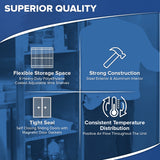 Informational graphic listing features of a commercial refrigerated merchandiser: Flexible Storage Space, Strong Construction, Tight Seal, and Consistent Temperature Distribution. Each feature has an icon, with a blue-toned background image of a person adjusting a storage shelf.