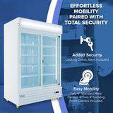 A commercial refrigerated merchandiser with locking doors is shown. Text highlights “Effortless mobility paired with total security,” perfect for perishable goods storage, with four locking casters and keyed doors. Icons for a key and caster wheel are displayed.