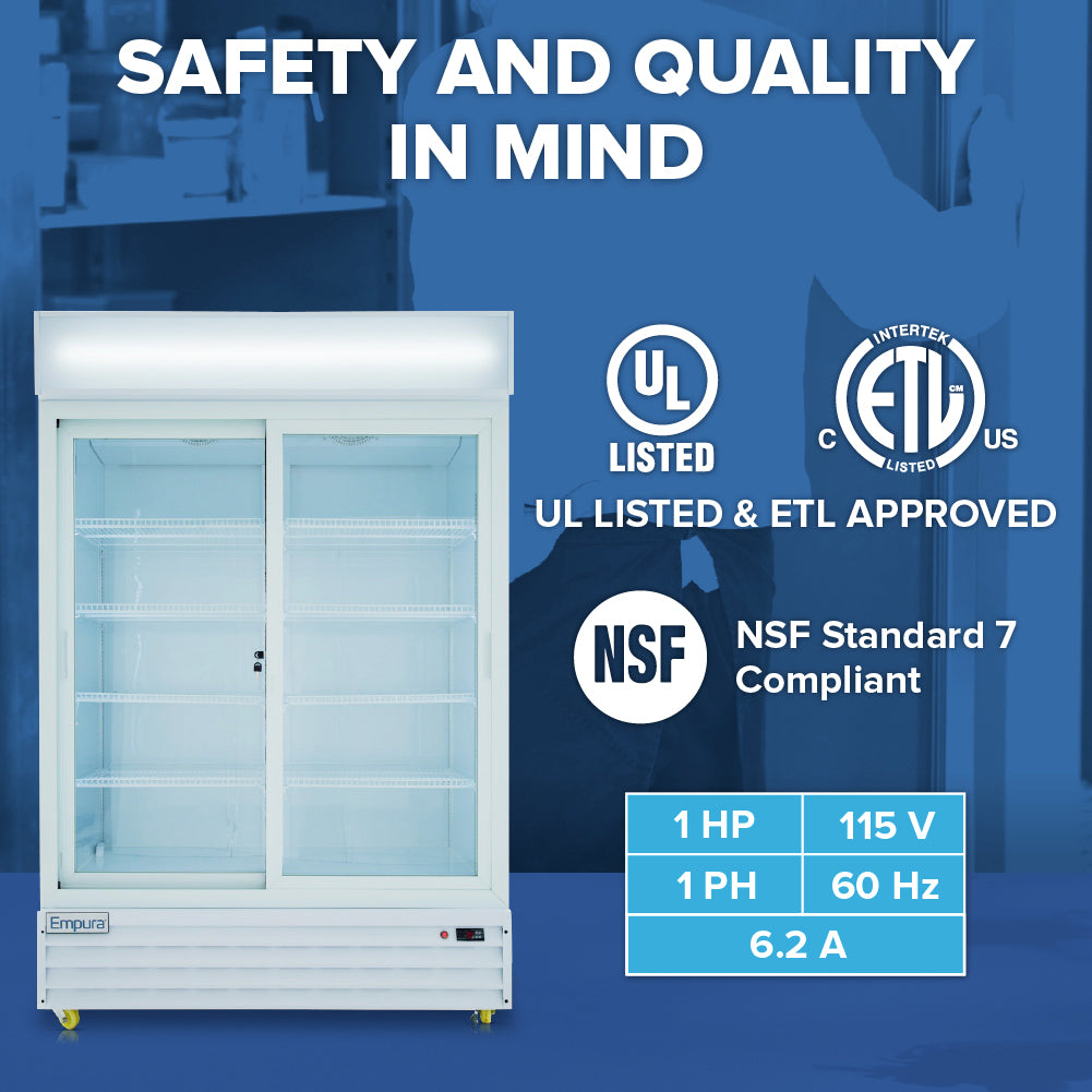 Commercial glass-door refrigerator with white frame and shelves, set against a blue background. The Empura Refrigeration ESM-42W is a commercial refrigerated merchandiser ideal for retail display, UL and ETL approved, NSF 7 compliant, 1 HP, 115V.