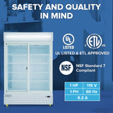 Commercial glass-door refrigerator with white frame and shelves, set against a blue background. The Empura Refrigeration ESM-42W is a commercial refrigerated merchandiser ideal for retail display, UL and ETL approved, NSF 7 compliant, 1 HP, 115V.