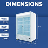 A white retail display refrigerator with two sliding glass doors is shown against a blue background. Labeled dimensions: width 52.3 inches, depth 27.6 inches, and height 79.5 inches. Shelves and interior for perishable goods storage are visible through the glass doors.