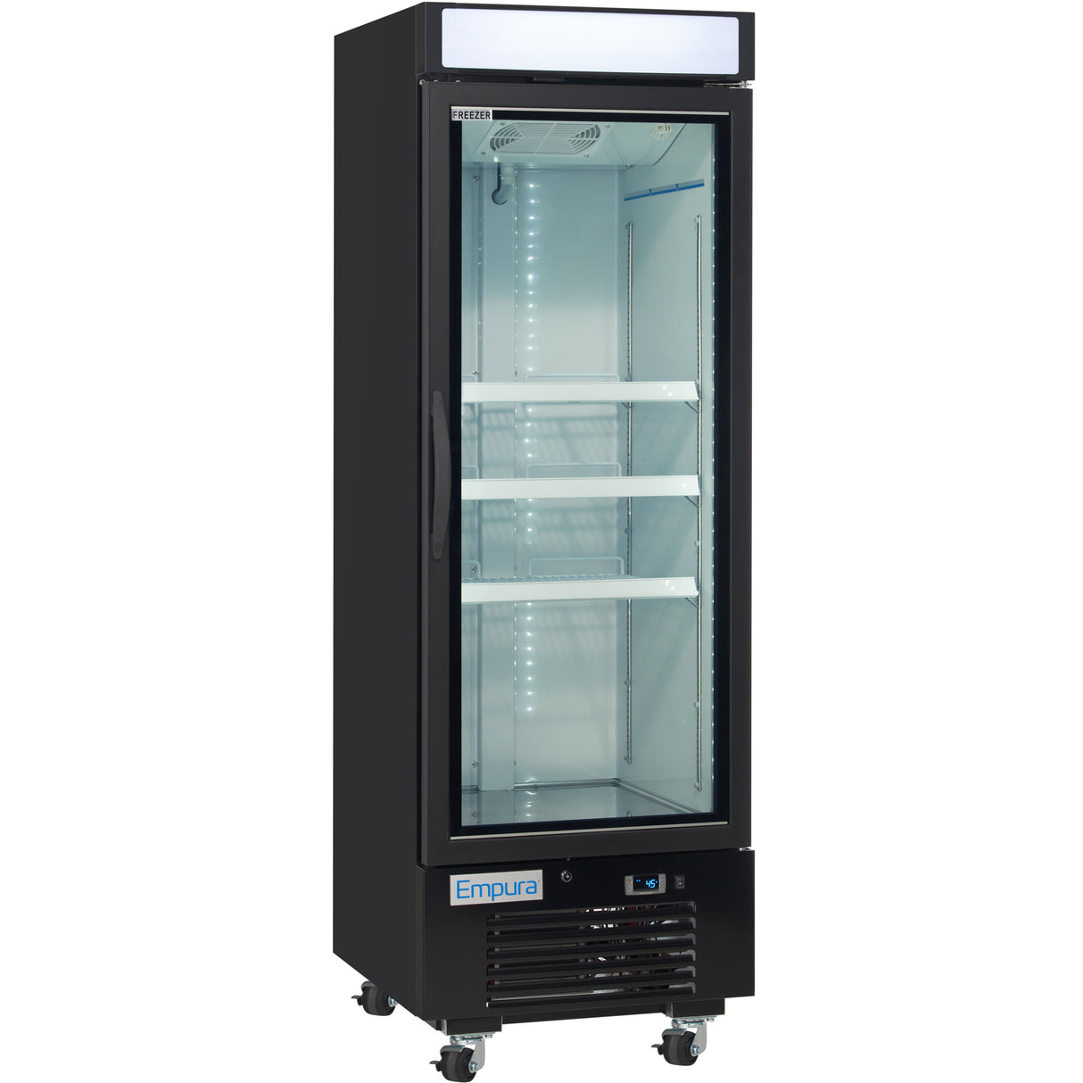 A tall, black Empura Refrigeration freezer merchandiser features a glass door, three adjustable shelves, interior LED lighting, a digital control panel, and wheels for mobility. The Empura label is displayed on the bottom front panel. The fridge is empty.