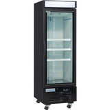 A tall, black Empura Refrigeration freezer merchandiser features a glass door, three adjustable shelves, interior LED lighting, a digital control panel, and wheels for mobility. The Empura label is displayed on the bottom front panel. The fridge is empty.