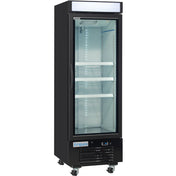 A tall, black Empura Refrigeration freezer merchandiser features a glass door, three adjustable shelves, interior LED lighting, a digital control panel, and wheels for mobility. The Empura label is displayed on the bottom front panel. The fridge is empty.