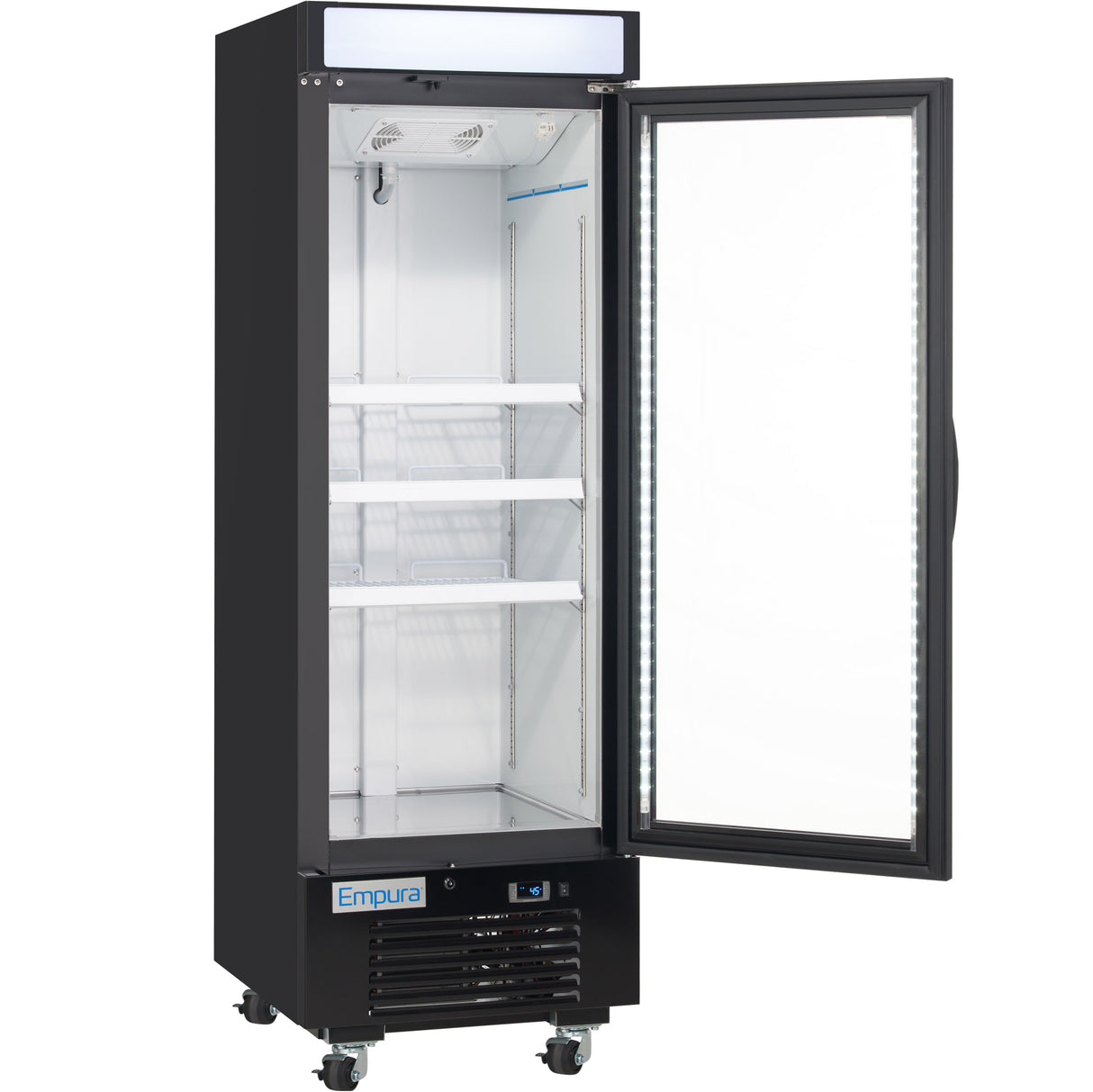 A black Empura Refrigeration commercial refrigerator with a glass door opens to the right, revealing three empty metal shelves inside. The unit, ideal as a freezer merchandiser, sits on four wheels and features a digital control panel at the bottom.