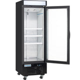 A black Empura Refrigeration commercial refrigerator with a glass door opens to the right, revealing three empty metal shelves inside. The unit, ideal as a freezer merchandiser, sits on four wheels and features a digital control panel at the bottom.