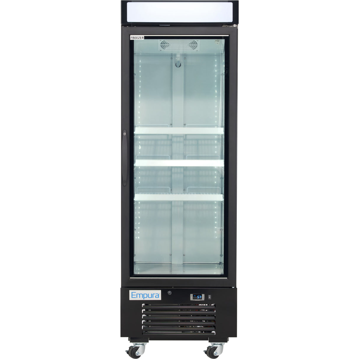 A tall, black Empura Refrigeration freezer merchandiser with a clear glass door displays three empty shelves inside. The unit stands on four caster wheels and features a digital control panel, ventilation grill at the bottom, and an Empura label at the front.