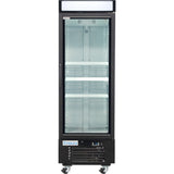 A tall, black Empura Refrigeration freezer merchandiser with a clear glass door displays three empty shelves inside. The unit stands on four caster wheels and features a digital control panel, ventilation grill at the bottom, and an Empura label at the front.
