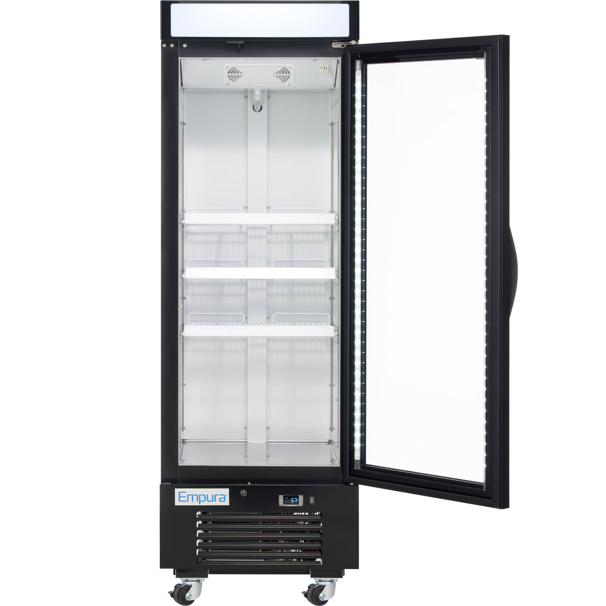 A tall, black Empura Refrigeration Glass Door Freezer stands on four wheels with a right-opening glass door. The empty interior features three wire shelves, and a digital control panel labeled “Empura” sits at the bottom front.