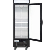 A tall, black Empura Refrigeration Glass Door Freezer stands on four wheels with a right-opening glass door. The empty interior features three wire shelves, and a digital control panel labeled “Empura” sits at the bottom front.