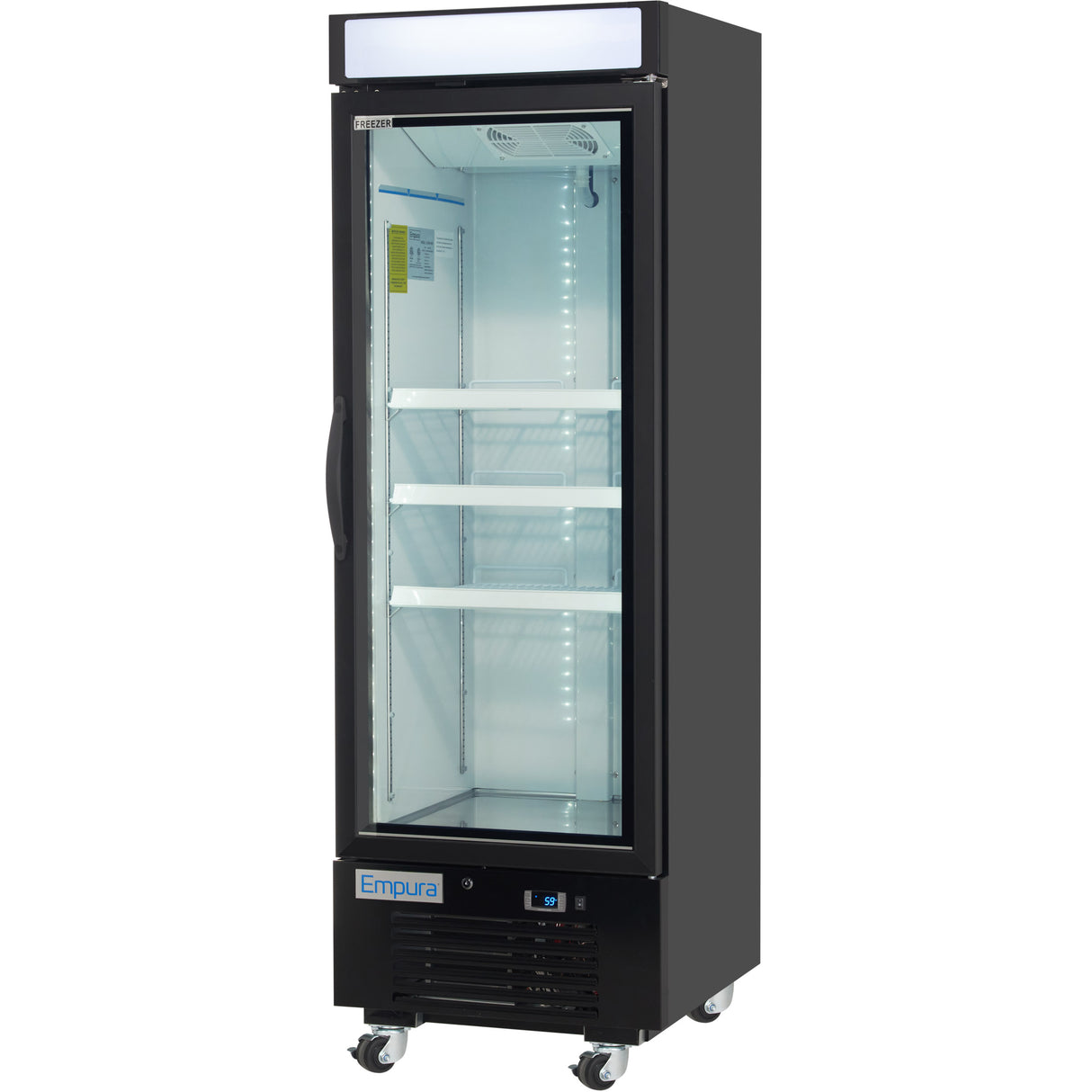A tall, black Empura Refrigeration display refrigerator with a glass door, four interior shelves, a handle on the left side, and four caster wheels. The inside is empty and well-lit, perfect as a freezer merchandiser for any commercial space.