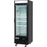 A tall, black Empura Refrigeration display refrigerator with a glass door, four interior shelves, a handle on the left side, and four caster wheels. The inside is empty and well-lit, perfect as a freezer merchandiser for any commercial space.