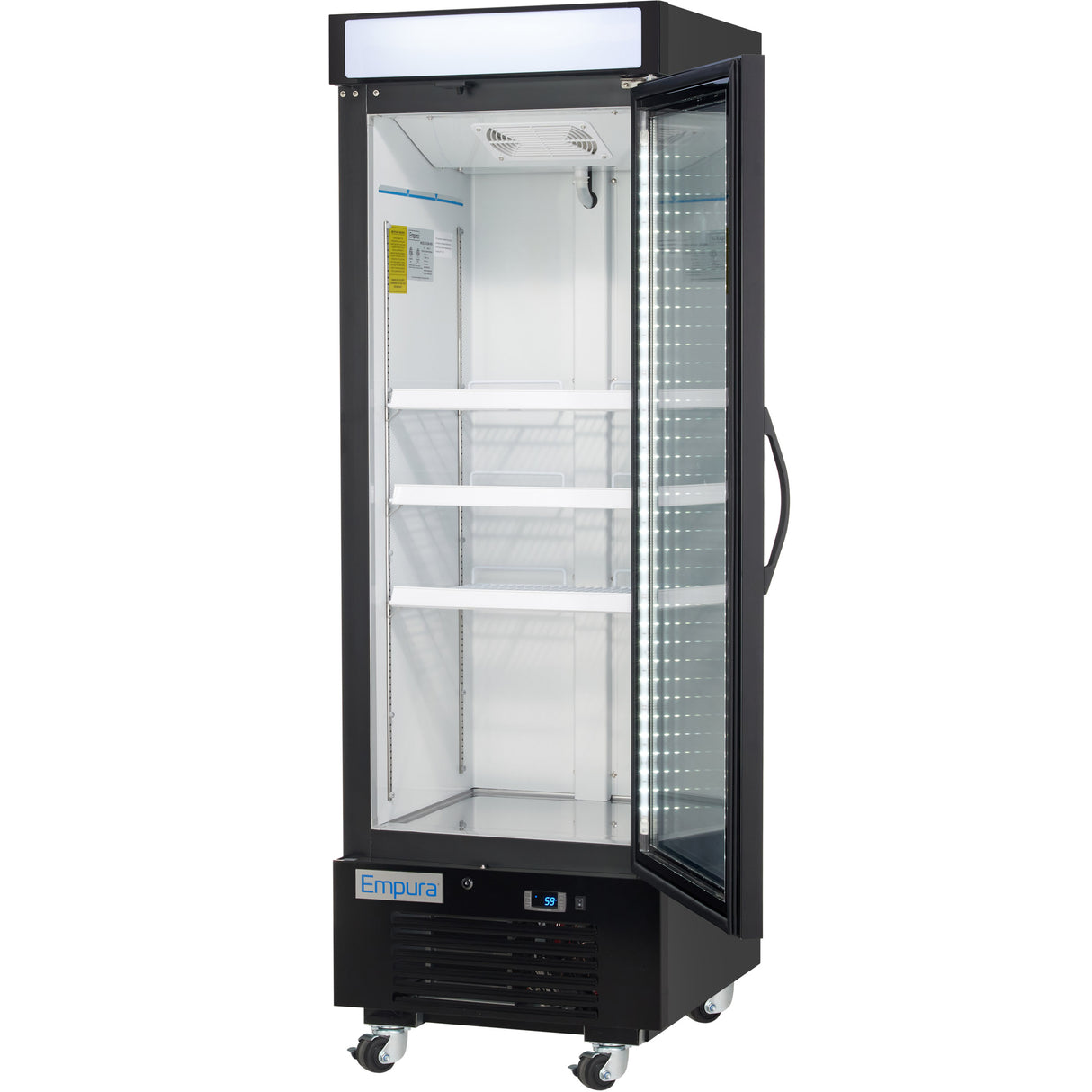 A tall, black Empura Refrigeration commercial display refrigerator with a glass front door open to the right, three white adjustable shelves, LED lighting inside, a handle on the right side, four caster wheels, and an Empura label at the bottom.