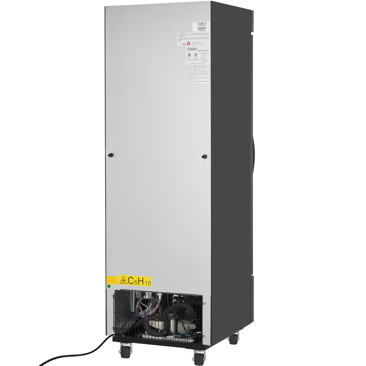 A tall, rectangular, silver industrial Freezer Merchandiser stands on four wheels. Vents, wiring, and mechanical components are visible at the lower front, marked with a yellow C₅H₁₀ warning label. The rest of the front panel is smooth with two visible screws.