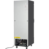 A tall, rectangular, silver industrial Freezer Merchandiser stands on four wheels. Vents, wiring, and mechanical components are visible at the lower front, marked with a yellow C₅H₁₀ warning label. The rest of the front panel is smooth with two visible screws.