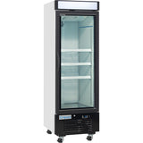 A commercial freezer merchandiser with a glass door, white sides, black base, and handle. The adjustable-shelf interior is empty. This unit has caster wheels, a vented bottom panel, and an Empura logo near the base.