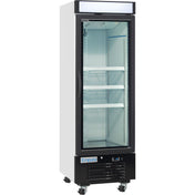 A commercial freezer merchandiser with a glass door, white sides, black base, and handle. The adjustable-shelf interior is empty. This unit has caster wheels, a vented bottom panel, and an Empura logo near the base.
