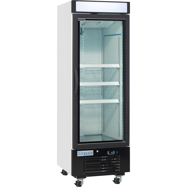 A commercial freezer merchandiser with a glass door, white sides, black base, and handle. The adjustable-shelf interior is empty. This unit has caster wheels, a vented bottom panel, and an Empura logo near the base.