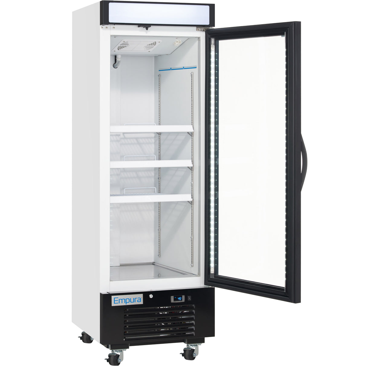A glass door freezer is open, revealing three adjustable wire shelves inside. This commercial unit is white with black trim, wheels for mobility, and displays the Empura brand on the bottom front panel.
