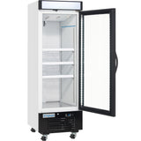 A glass door freezer is open, revealing three adjustable wire shelves inside. This commercial unit is white with black trim, wheels for mobility, and displays the Empura brand on the bottom front panel.