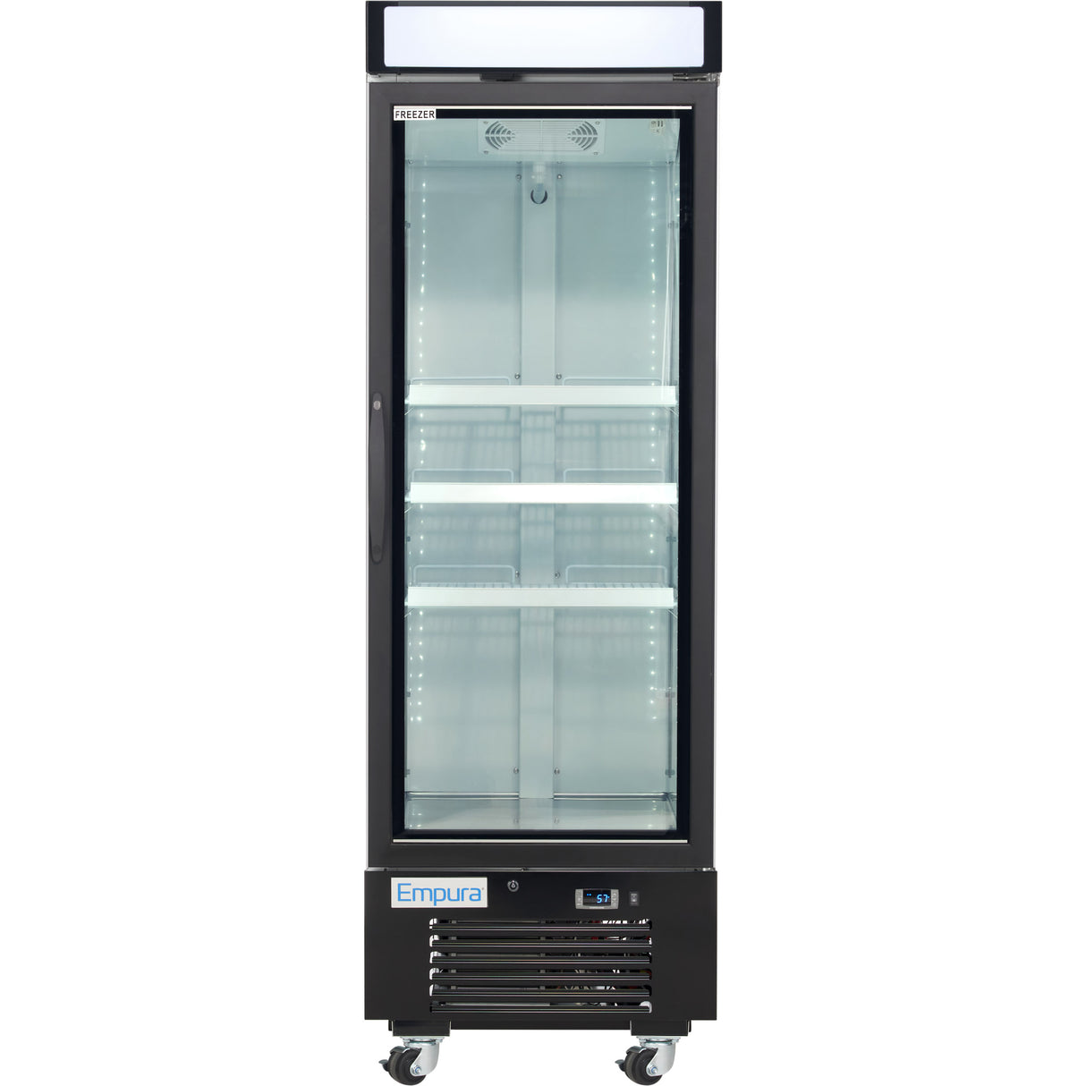 A tall, black glass door freezer merchandiser with interior lighting, multiple adjustable shelves, and wheels for mobility. The control panel and the brand name Empura are visible at the bottom front of this commercial display unit.