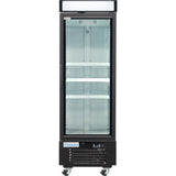 A tall, black glass door freezer merchandiser with interior lighting, multiple adjustable shelves, and wheels for mobility. The control panel and the brand name Empura are visible at the bottom front of this commercial display unit.
