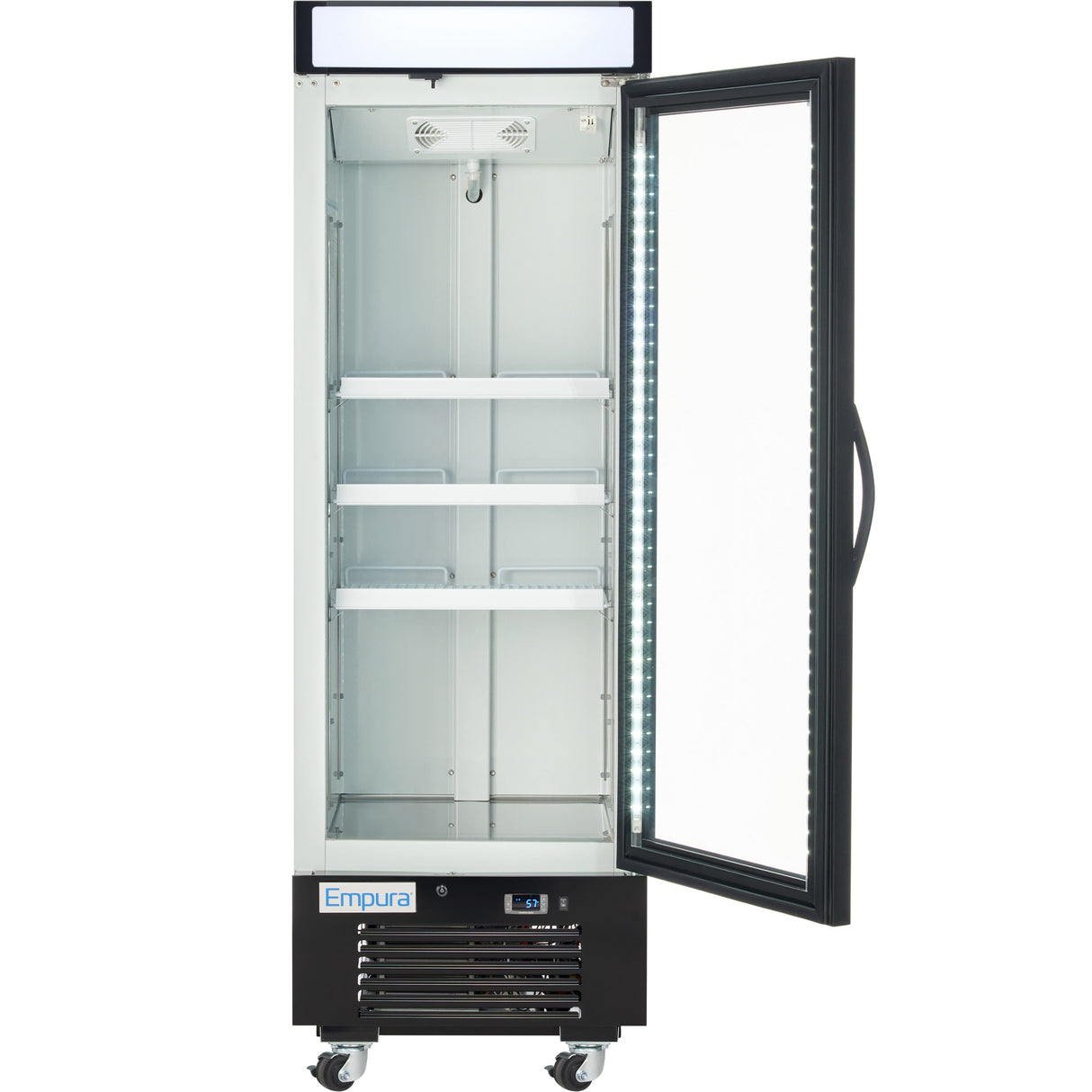 A commercial freezer merchandiser with a glass door that opens to the right, revealing three empty shelves. The white and black unit features a control panel, ventilation grilles, casters, and an Empura label above the lower section.