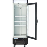 A commercial freezer merchandiser with a glass door that opens to the right, revealing three empty shelves. The white and black unit features a control panel, ventilation grilles, casters, and an Empura label above the lower section.