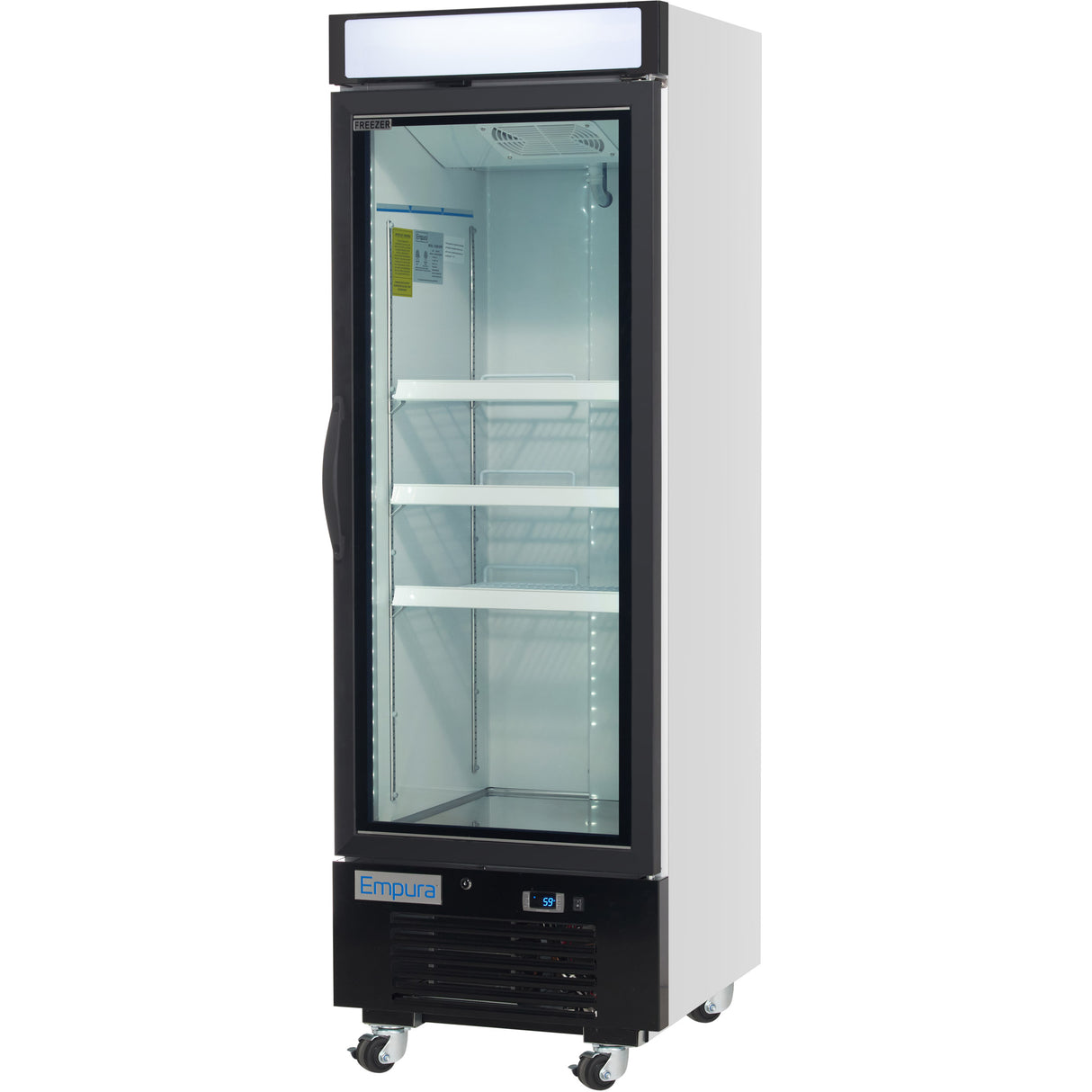 A tall, single-door glass door freezer on wheels with a black handle and frame, white sides, three interior shelves, and a digital control panel at the bottom labeled “Empura.” The commercial freezer is empty and well lit inside.