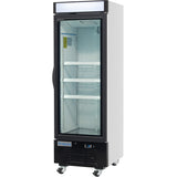 A tall, single-door glass door freezer on wheels with a black handle and frame, white sides, three interior shelves, and a digital control panel at the bottom labeled “Empura.” The commercial freezer is empty and well lit inside.